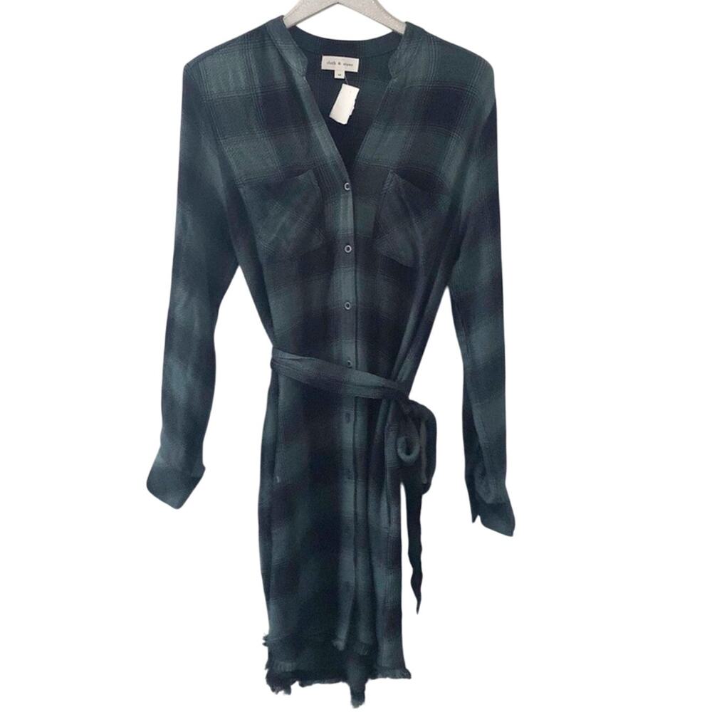 Cloth & Stone Green Plaid Button Front Long Sleeve Shirt Dress